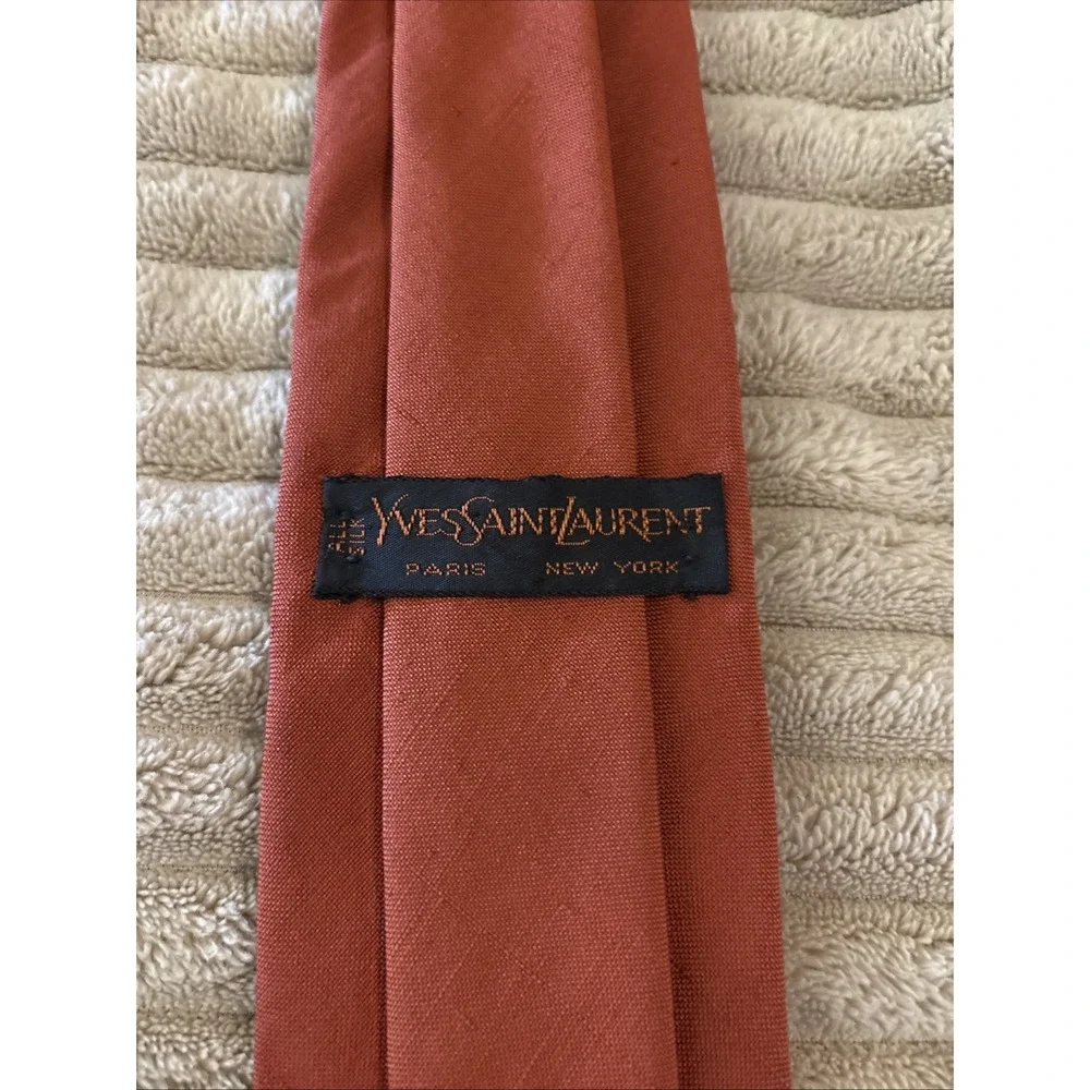 Vintage Yves Saint Laurent YSL Burnt Orange Silk Necktie Embroidered Logo 2.5
